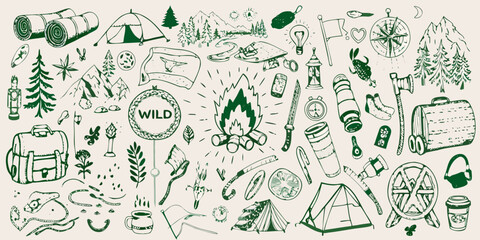 Collection of hand drawn camping and outdoor adventure elements in green outline on a light background