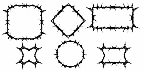Collection of six unique black thorny frames in various shapes and sizes on a white background