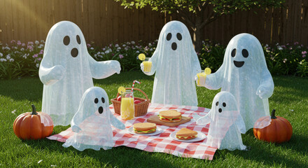 Halloween Ghost Family Picnic with Pumpkins and Lemonade in the Garden