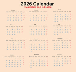 Modern 2026 Calendar Template – Printable ,editable Yearly Planner Design