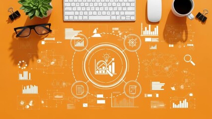 Overhead view of a modern office desk with technology and business data visualization icons on a vibrant orange background, symbolizing growth and analytics. - Powered by Adobe