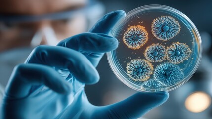 Scientist analyzing bacterial growth in petri dish laboratory setting scientific research close-up microbiology insights