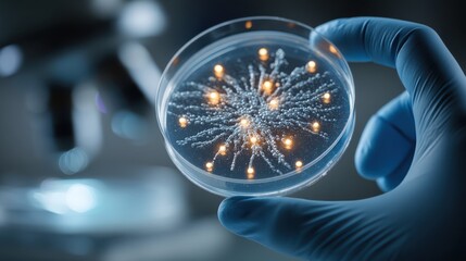 Scientist analyzing petri dish with controlled growth patterns laboratory scientific research indoor close-up microbiology insights