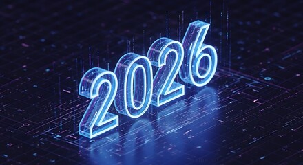 Futuristic glowing blue numbers spelling out the year 2026 on a dark, digital background.