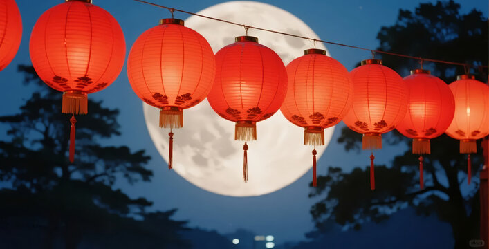 Mid-Autumn Festival National Day red lantern moon festive style background - Powered by Adobe