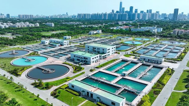 Modern wastewater treatment plant with large circular sedimentation tanks and aeration basins. Aerial view of the city skyline in the background