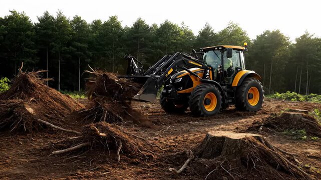 Heavy machinery clearing the land after deforestation. Modern yellow tractor with a front loader moving tree roots and stumps in a forest clearing
