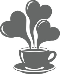 Vector art of a stylized, graphic illustration of a coffee cup with steam rising in the shape of hearts