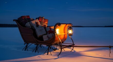 Enchanted Sleigh with Warm Lantern Light on Vast Snowy Expanse at Dusk.