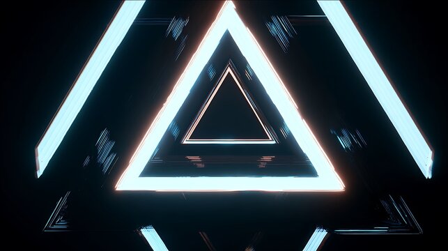 Abstract neon light tunnel with triangular frames on a dark background