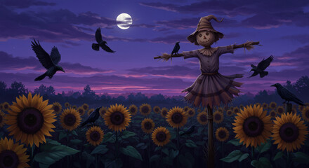 Halloween Purple Sky Sunset with Silhouette Scarecrow and Flying Ravens