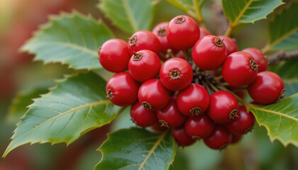 Close-up of holly berries on leaves with a vibrant natural background