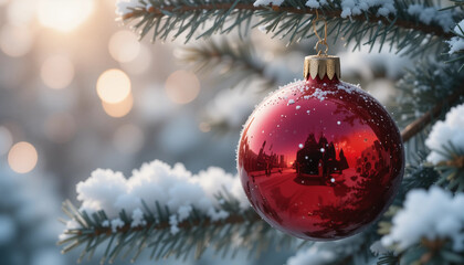 Red Christmas ornament hanging on snowy pine tree, reflecting winter scenery