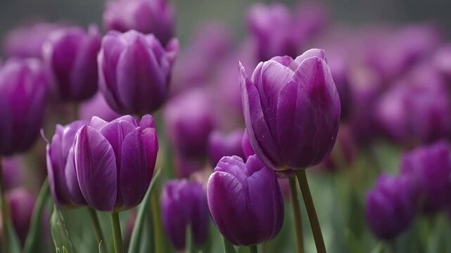 A captivating close-up reveals a field of vivid purple tulips swaying gently in a serene garden. The delicate petals, rich in color, are beautifully highlighted against a softly blurred background of 