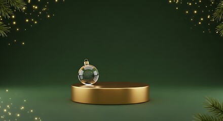 Elegant Golden Podium with Clear Glass Christmas Bauble on Festive Green Background, Bokeh Lights.