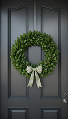 Classic green wreath with satin bow on an elegant dark gray door
