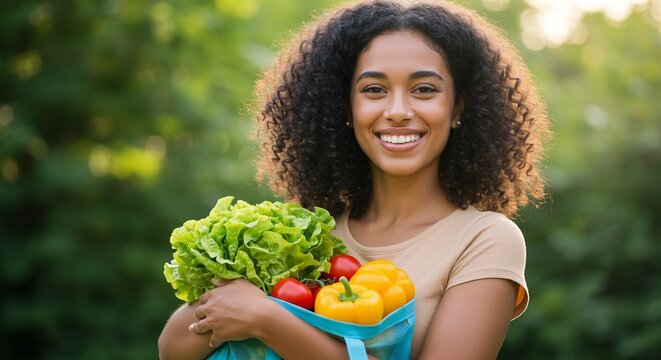 Young woman holding reusable grocery bag with fresh vegetables – zero waste lifestyle concept - Powered by Adobe