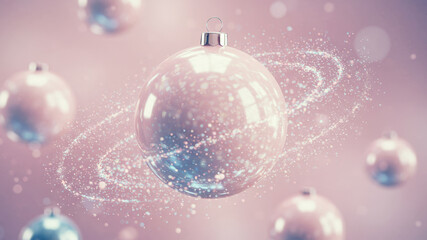 Pink christmas ornament with glitter. Festive holiday decoration. New Year celebration and winter season concept.