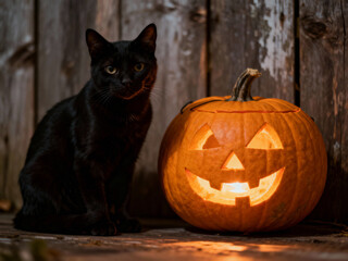 Black cat next to a glowing jack-o’-lantern against a weathered wooden wall. Perfect for Halloween-themed campaigns, spooky posters, and seasonal design.