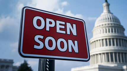 A red "OPEN SOON" sign stands in front of a prominent building, signaling upcoming accessibility or services in a significant location.