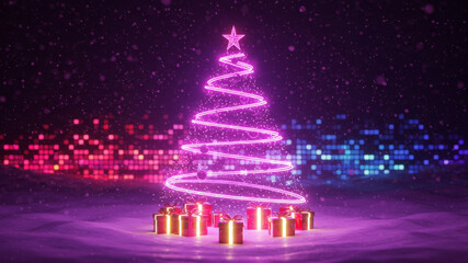 Glowing neon Christmas tree with snow falling and gift boxes on digital landscape background. New year holiday celebration concept.