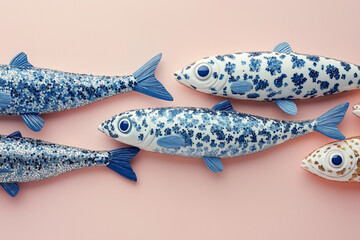 A group of surreal ceramic fish covered in blue floral and glitter patterns lie against a soft pink background. Conceptual pop art with a whimsical aesthetic.