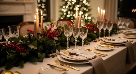 Festive Elegance - A Candlelit Christmas Dining Table with a Glowing Bokeh Tree.