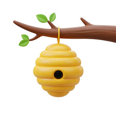 A yellow beehive hanging from a branch isolated on transparent background