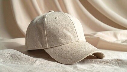 Beige Baseball Cap on Textured Fabric - Minimalist Style.