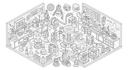Obraz premium Detailed isometric illustration of a busy laboratory with scientific equipment vector design