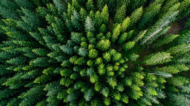 Overhead shot of a lush green forest with dense evergreen trees - Powered by Adobe