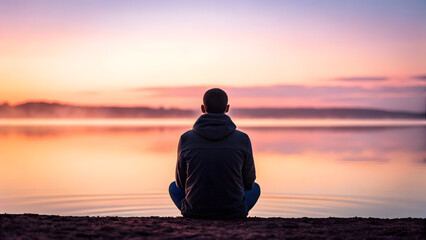 Individual Sitting with Knees Drawn Up on a Calm Lake at Sunset