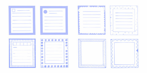 Collection of eight hand drawn pastel blue note paper and frame designs on a white background