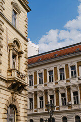Classic European architecture with ornate facades and arched windows in the city center of Novi Sad, Serbia.