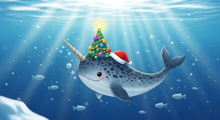 Whimsical Christmas Narwhal with a Glowing Tree Tusk in a Sunlit Arctic Ocean.