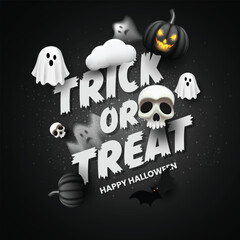 3D Happy Halloween holiday festival background design with pumpkins, skull head bats, clouds, and trick or treat text. Trick or Treat typography design with 3D pumpkins and confetti. Halloween banner
