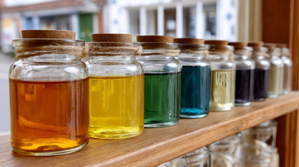 Colorful glass jars with oils on a wooden shelf.