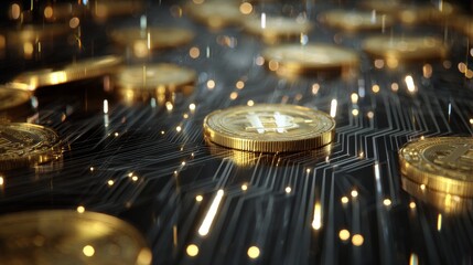 Wealth accumulation through strategic financial investment. Ai evolution. Opulent wealth: a treasury of coins and precious stones. Cyber technology. Human partnership.