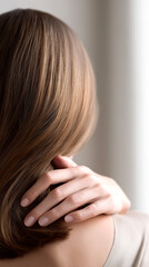 Fototapeta premium Woman touching smooth healthy blonde hair. Female hand running through straight silky hair strands showing haircare treatment results, beauty salon concept with natural lighting and soft focus.