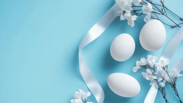 A still life composition featuring three white eggs and some white flowers on a blue background