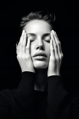 Black and white portrait of woman with hands framing face and eyes closed. Dramatic lighting on female face showing peaceful or contemplative expression. Monochrome beauty and skincare concept.