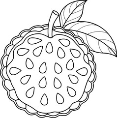 Detailed outline drawing of ripe atemoya fruit with leaves showing seed details botanical fruit sketch for artwork
