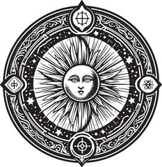 Obraz premium Mystical sun face emblem with celestial stars and esoteric symbols, radiating cosmic energy and ancient wisdom