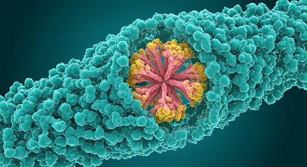 Microscopic View of a Cellular Structure - Complex Biological Mechanism or Nanotechnology Concept, Featuring Intricate Pink and Yellow Core Elements Encapsulated Within a Teal Molecular Strand
