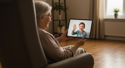 Senior caucasian woman having a video call with a cheerful child on a digital tablet at home. Elderly lady using modern technology for connection.