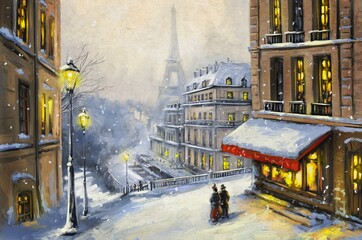 Winter in the old city, old Paris. Oil painting city landscape