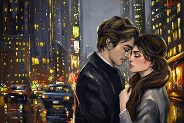 Young woman and man in city, love. Digital oil painting city landscape