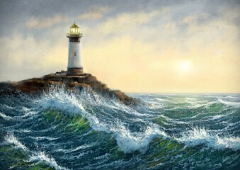 Digital oil painting sea landscape, lighthouse on the coast 