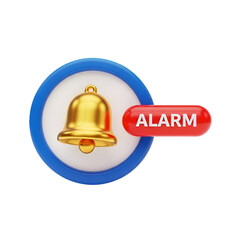 A 3d render of a golden alarm bell with red alarm sign isolated on transparent background