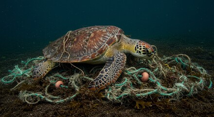 Obraz premium Green sea turtle entangled in a discarded fishing net on the ocean floor, showcasing marine pollution and environmental problem.